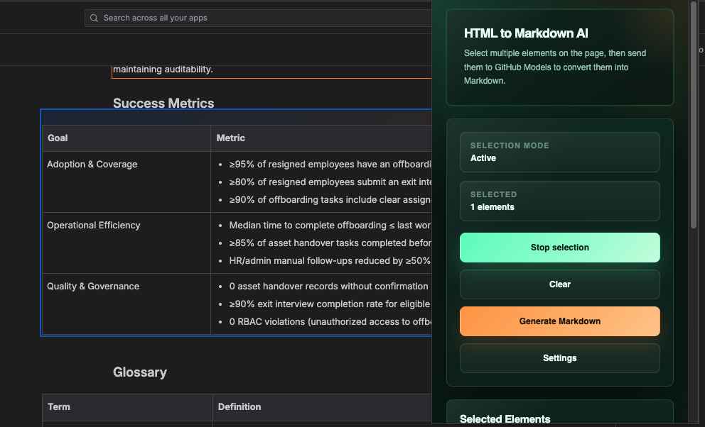 Screenshot of HTML to Markdown AI Chrome Extension project